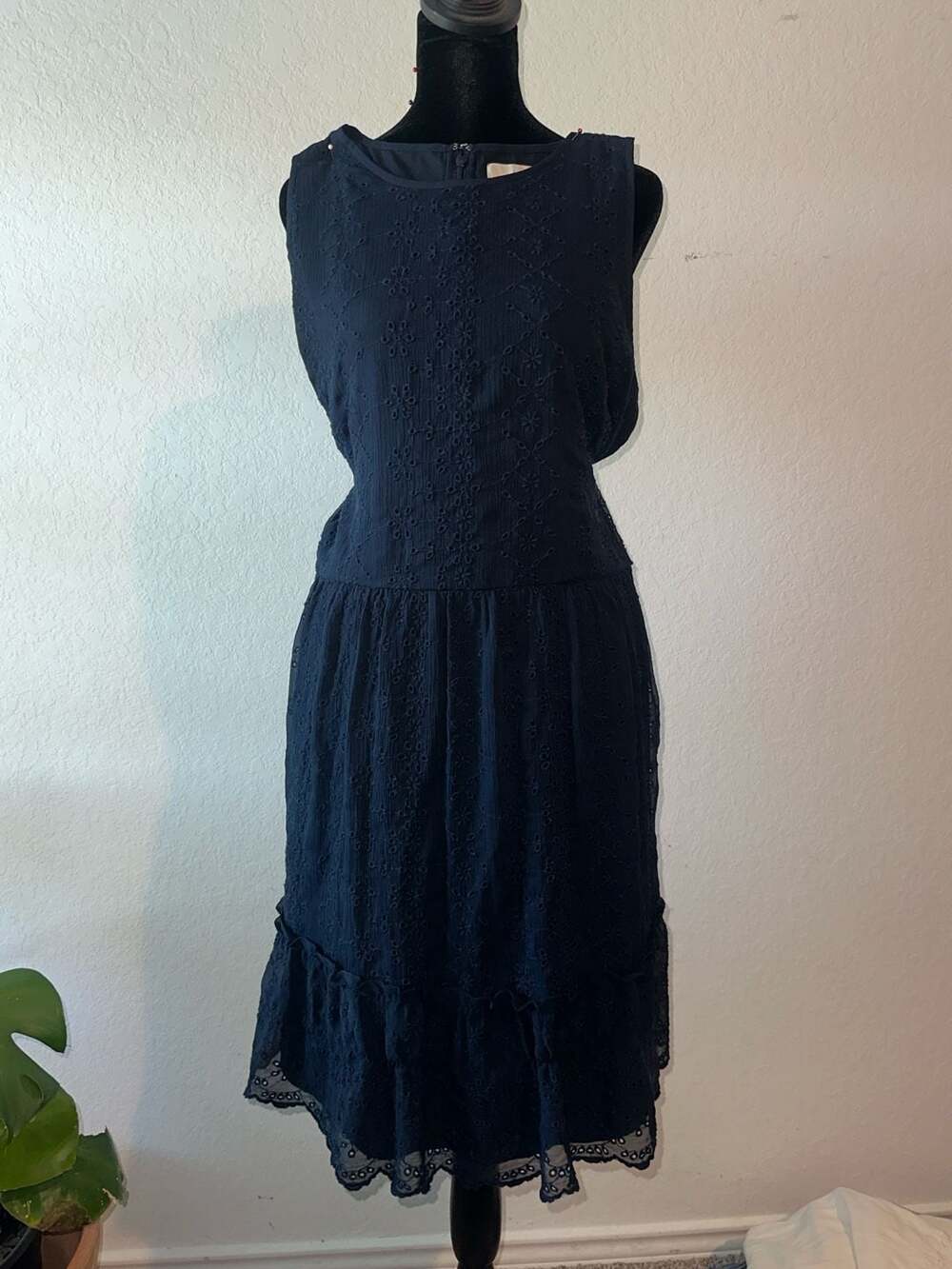 LOFT Sleeveless Navy Blue Eyelet Tiered Midi Dress